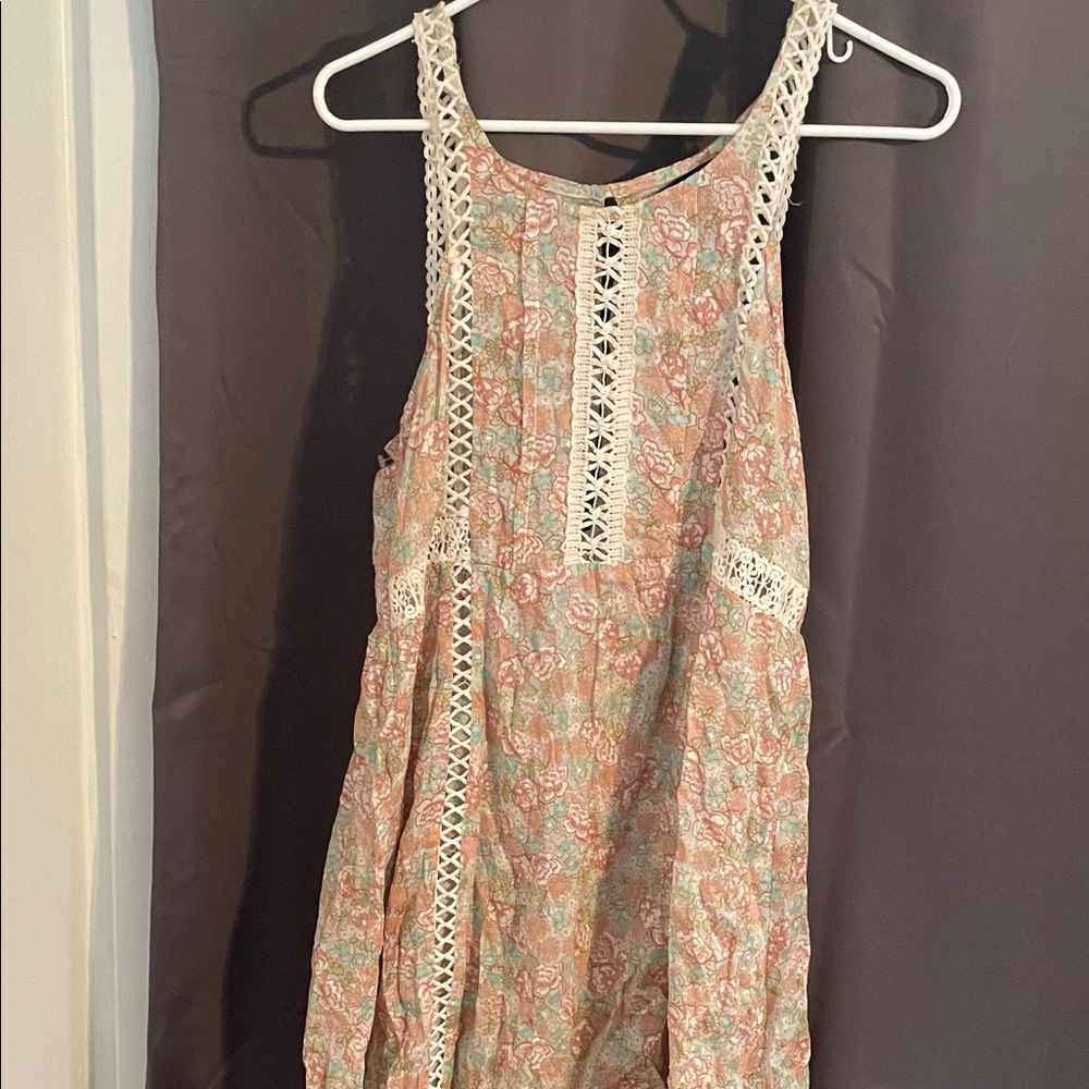 Aqua Floral Lace Trim Midi Dress - Pink and Cream